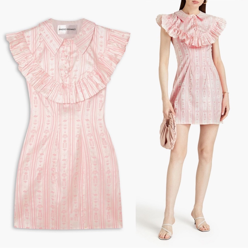 Sindiso Khumalo Printed Ruffle Silk Mini Dress Size Small NWT Pastel Pink